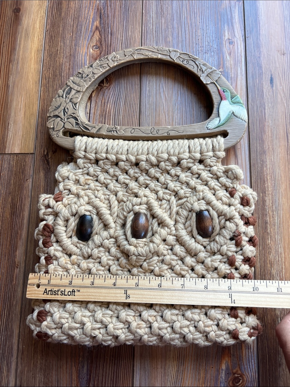 Handmade Macramé Purse with Wood Handles and Bead Accents - Picture 7 of 10